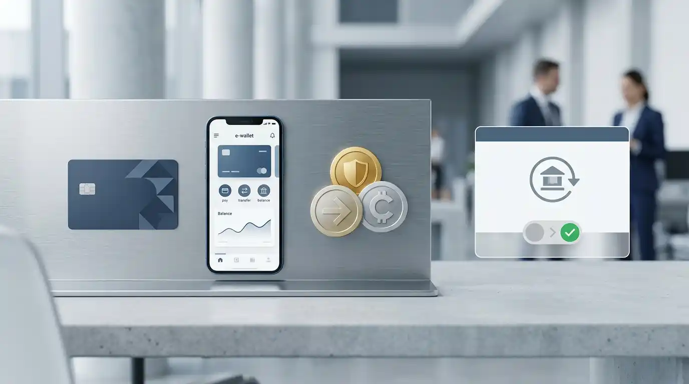 Illustratie van kaartbetaling, e-wallet, crypto en een aparte iDEAL-controle