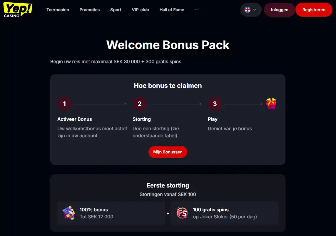 Actuele welkomstbonuspagina van Yep Casino met de drie stortingsstappen