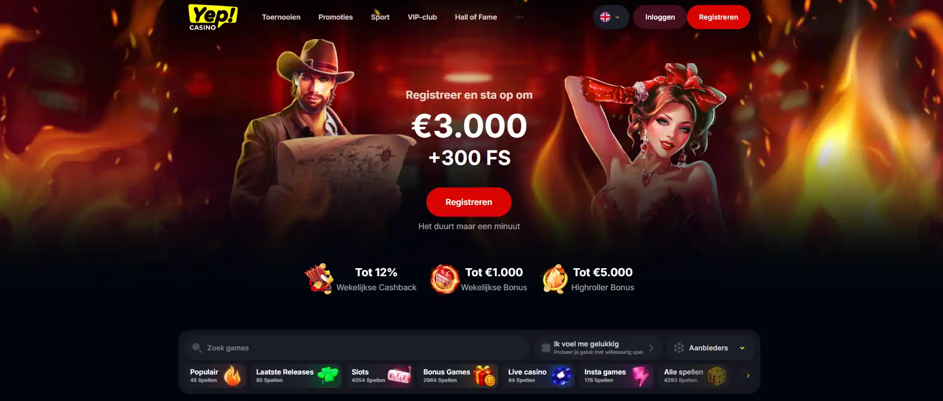Officiële Yep Casino homepage met merkidentiteit en casinonavigatie