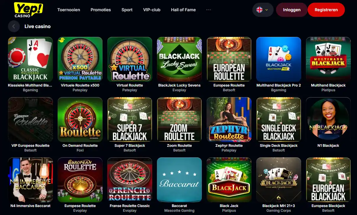 Actuele Yep Casino live-casino lobby met live-dealer spellen