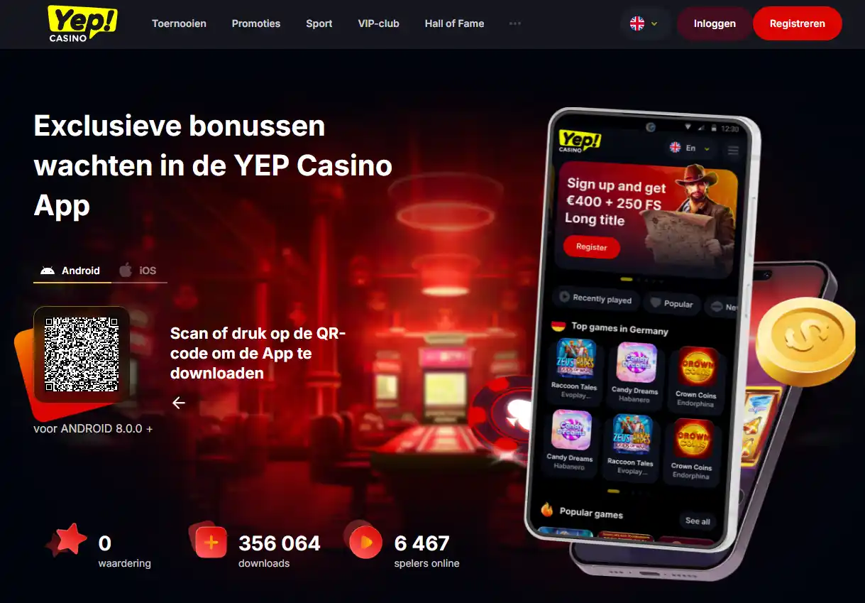 Officiële Yep Casino pagina met Android- en iOS-installatiestappen