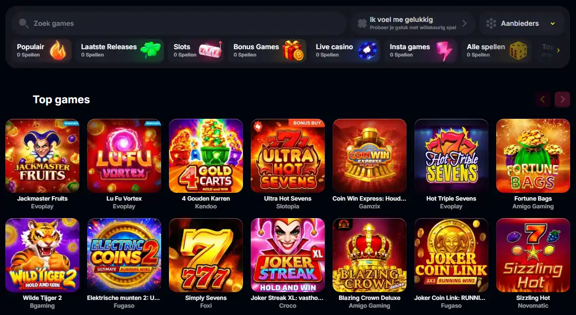 Actuele Yep Casino slotlobby met zichtbare spelkaarten en merkinterface